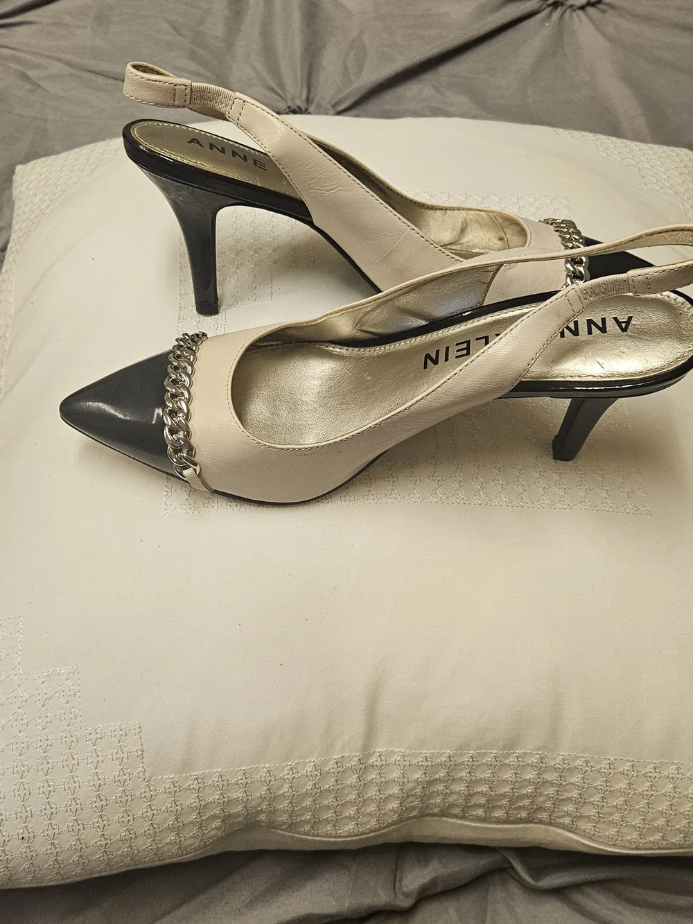 Anne Klein Cream and Black Pointed Toe Chain-Trim Slingbacks